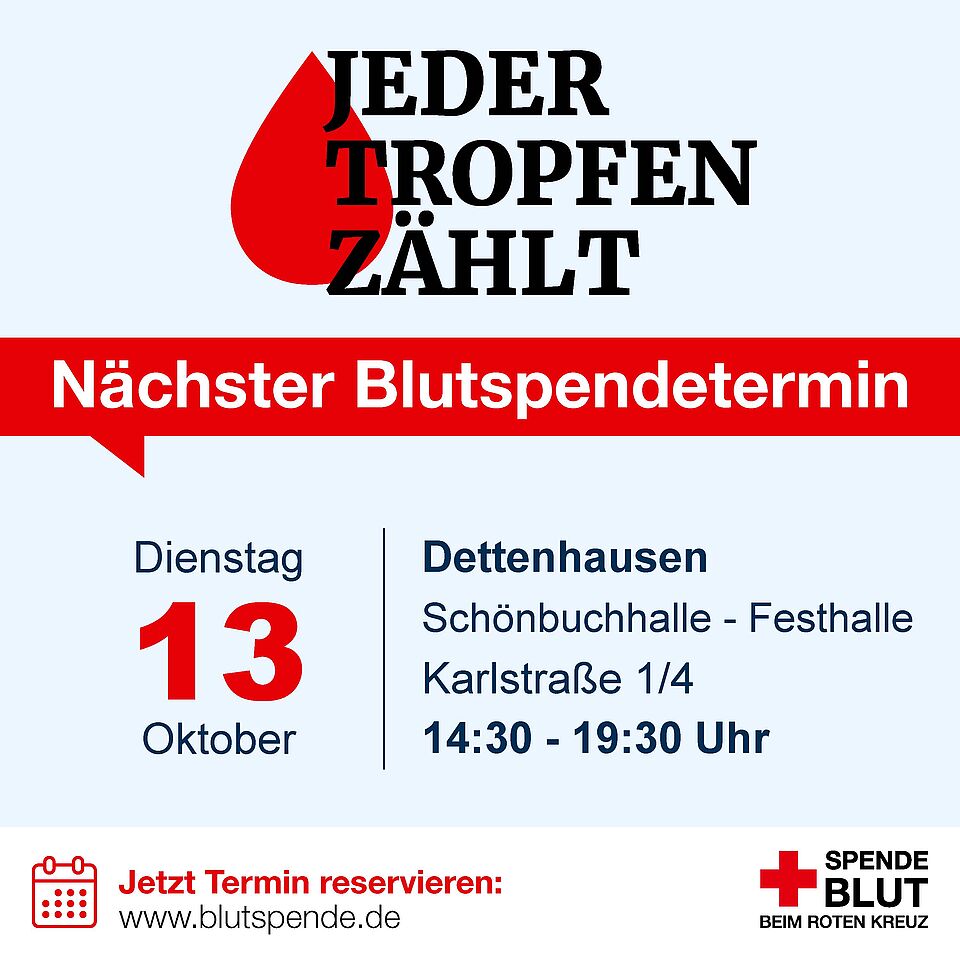 Blutspende-Plakat für den 13. Oktober 2026 in Dettenhausen
